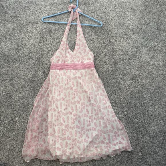 Y2K Pink Floral Halter Sundress 14 Babydoll Coquette Fairycore Romantic Vintage - Picture 1 of 11